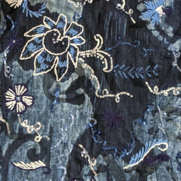 Chico's Collarless Beaded & Embroidered Denim Jacket, Blue / White, Large - Picture 11 of 14